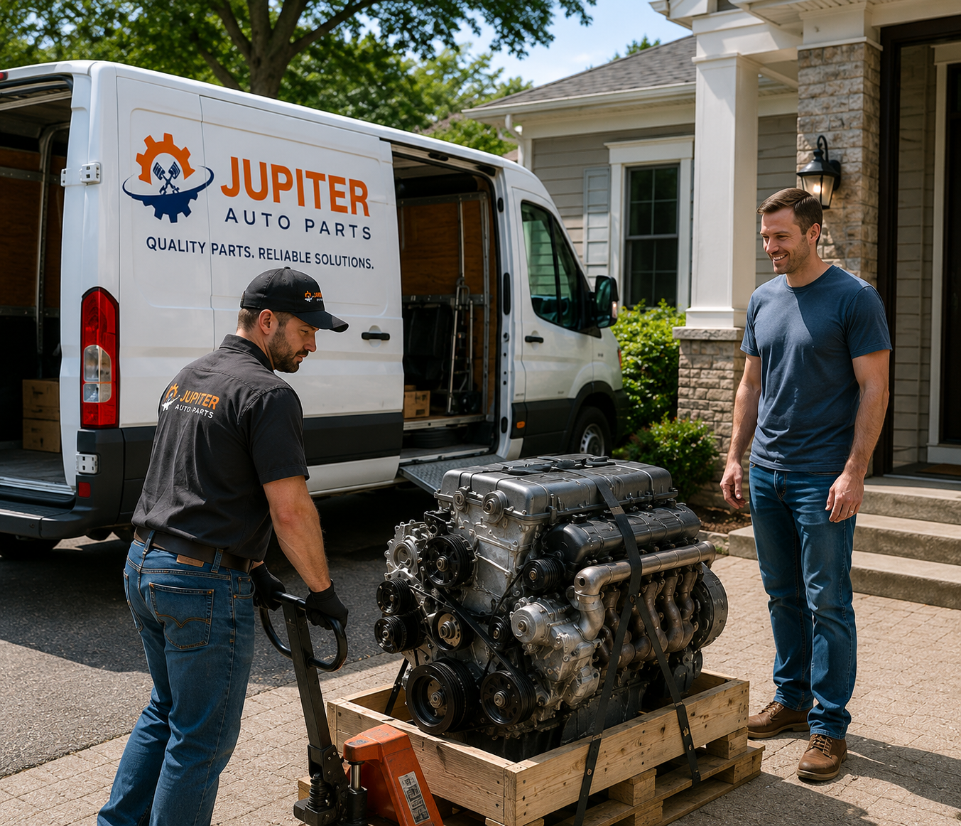 TryAuto Parts staff preparing a used engine for pallet shipment